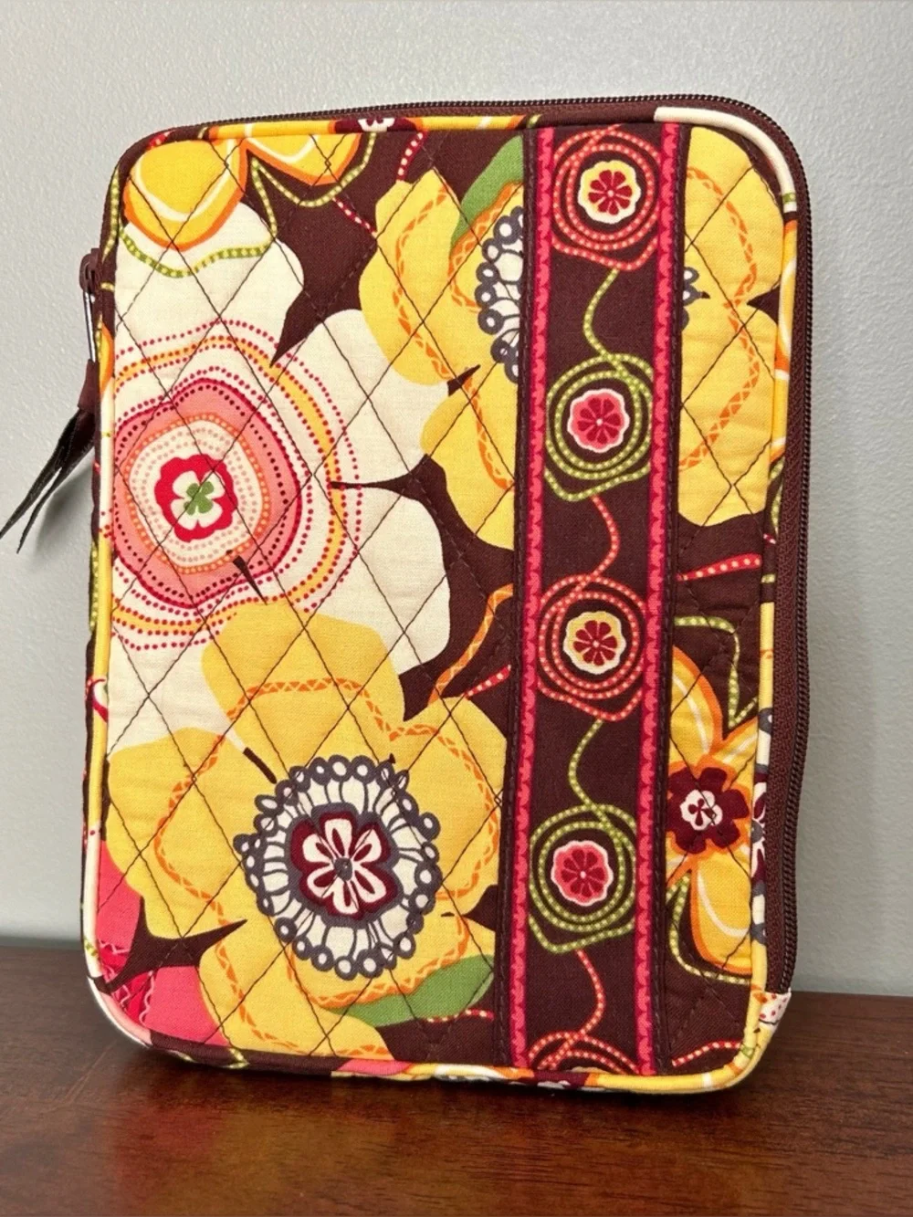 Vera Bradley Quilted E-Reader Tablet Case Sleeve Floral Brown Yellow Pink EUC